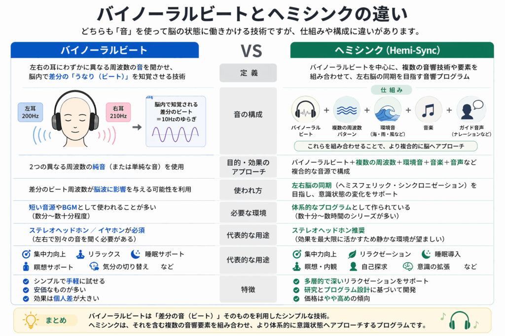 バイノーラルビートとヘミシンクの違いを比較したインフォグラフィック。バイノーラルビートは、左右の耳に異なる周波数の音を聞かせ、脳内で差分のビートを知覚させるシンプルな音響技術。集中・リラックス・睡眠サポートなどに使われ、ヘッドホンが必要。ヘミシンクは、バイノーラルビートに加えて複数の周波数、環境音、音楽、音声ガイドなどを組み合わせ、左右脳の同期を目指す音響プログラム。集中力向上、瞑想、睡眠導入、自己探求など幅広い用途に使われる。